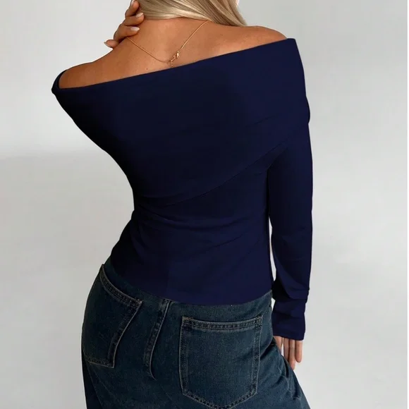 Solid Ruched Off Shoulder Fitted Long Sleeve Top - Picture 10 of 10